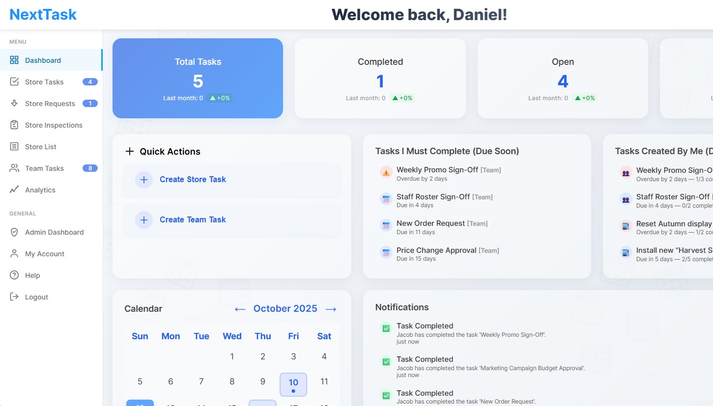 NextTask Features Dashboard