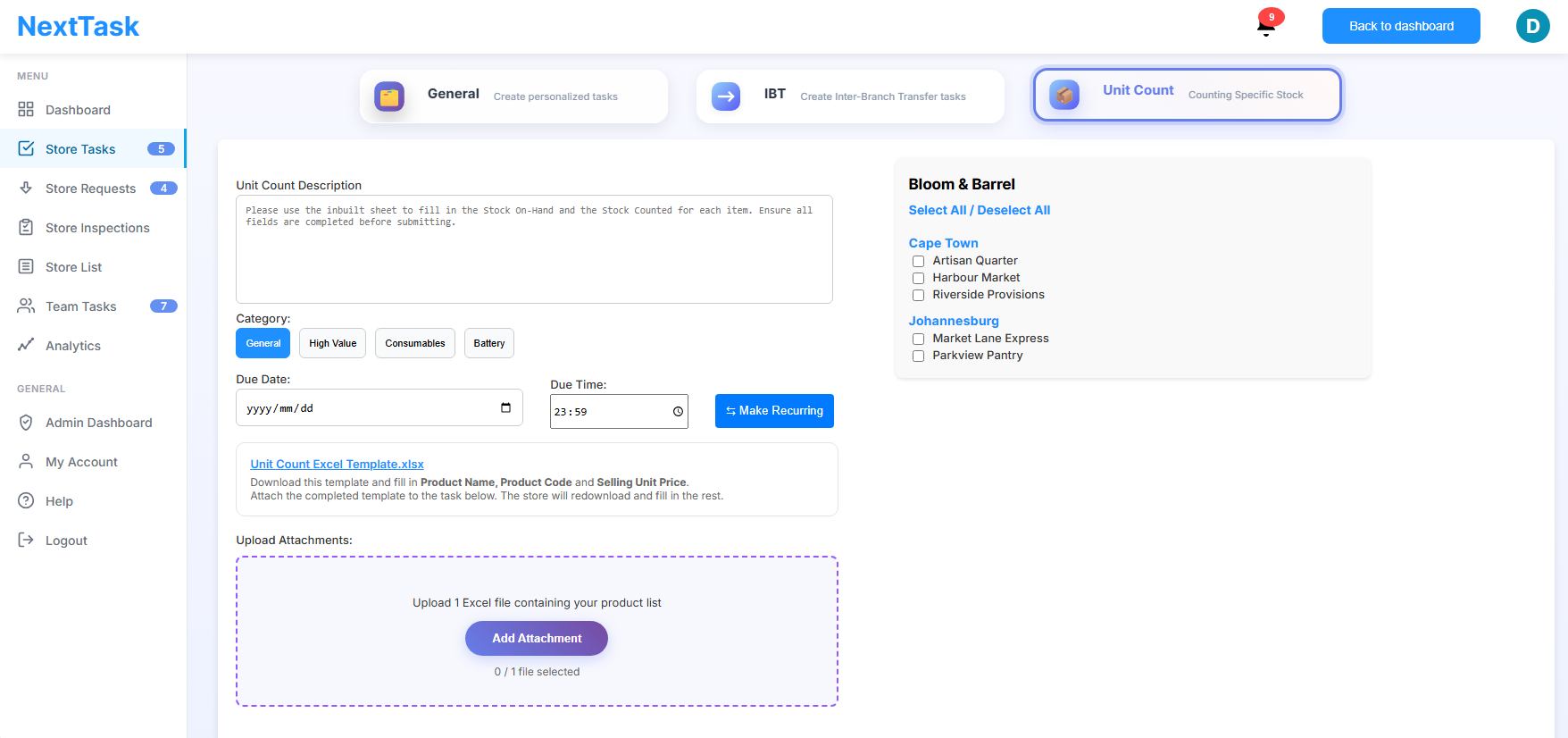 NextTask Dashboard - Inventory Management